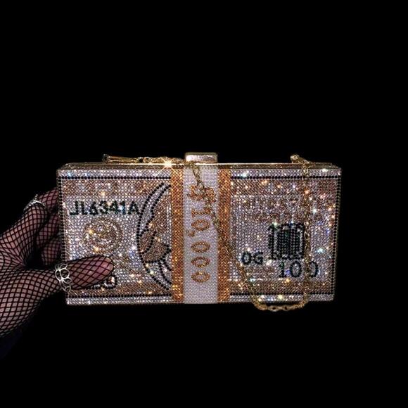 Fashionable Gold and Clear Rhinestones 10K US Dollar Money Purse - Picture 2 of 9